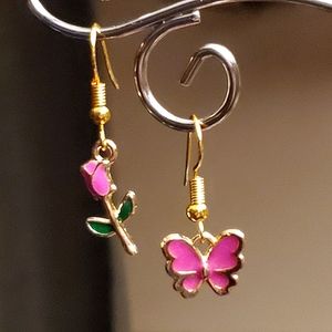 Rose Red series asymmetrical enamel & alloy charm earrings. Pair #11.